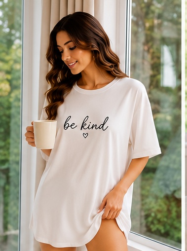 Women’s White “Be Kind” Printed Oversized Sleep T-Shirt Nightwear